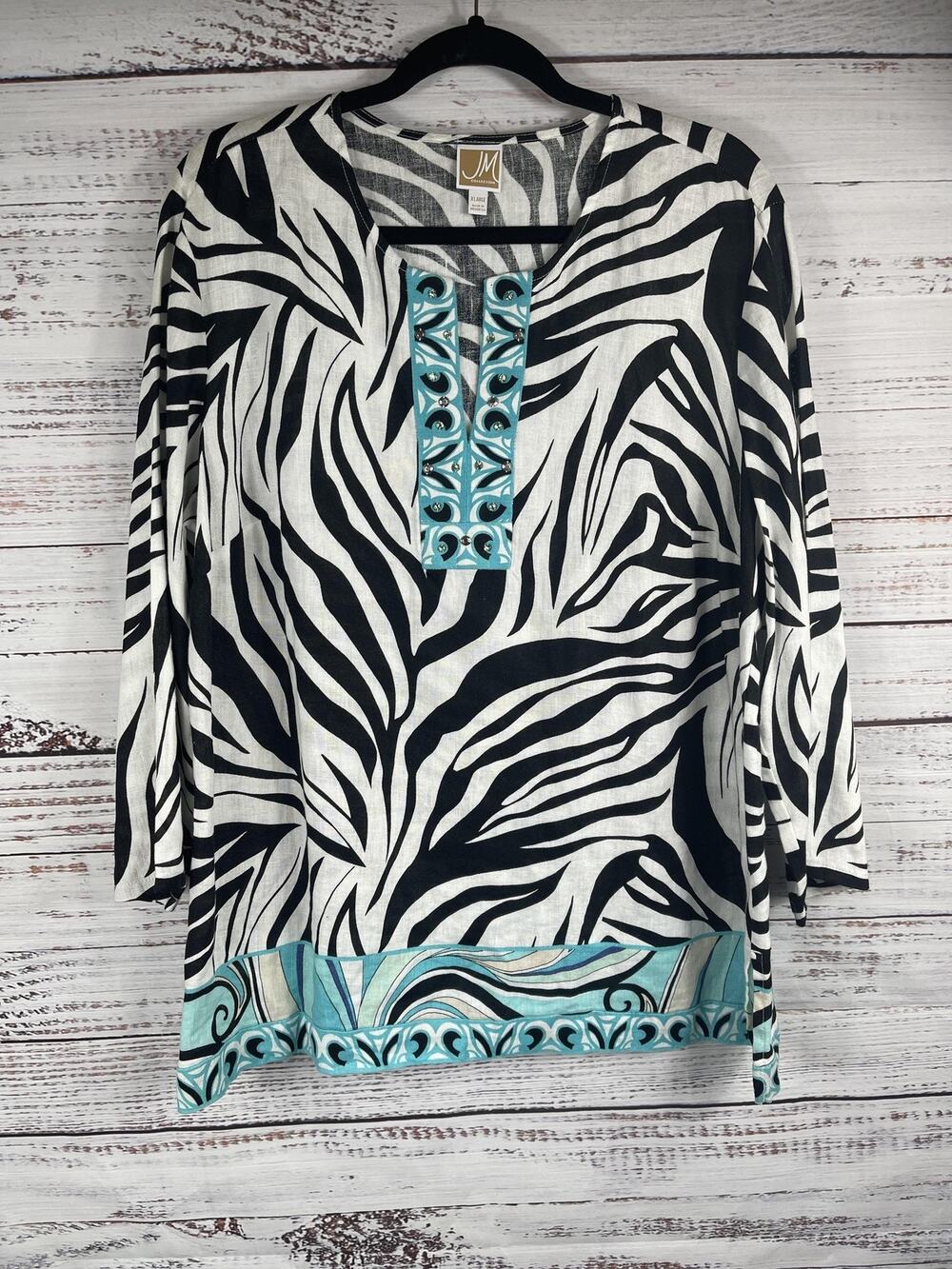JM Collection Tunic Top Womens XL Zebra Animal Print Linen Black White Blue Boho